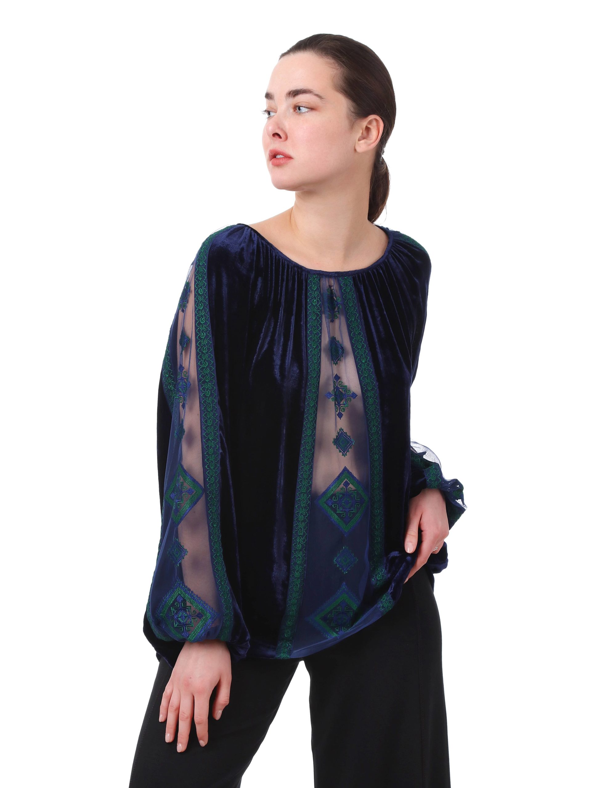 Velvet blouse with net embroidery