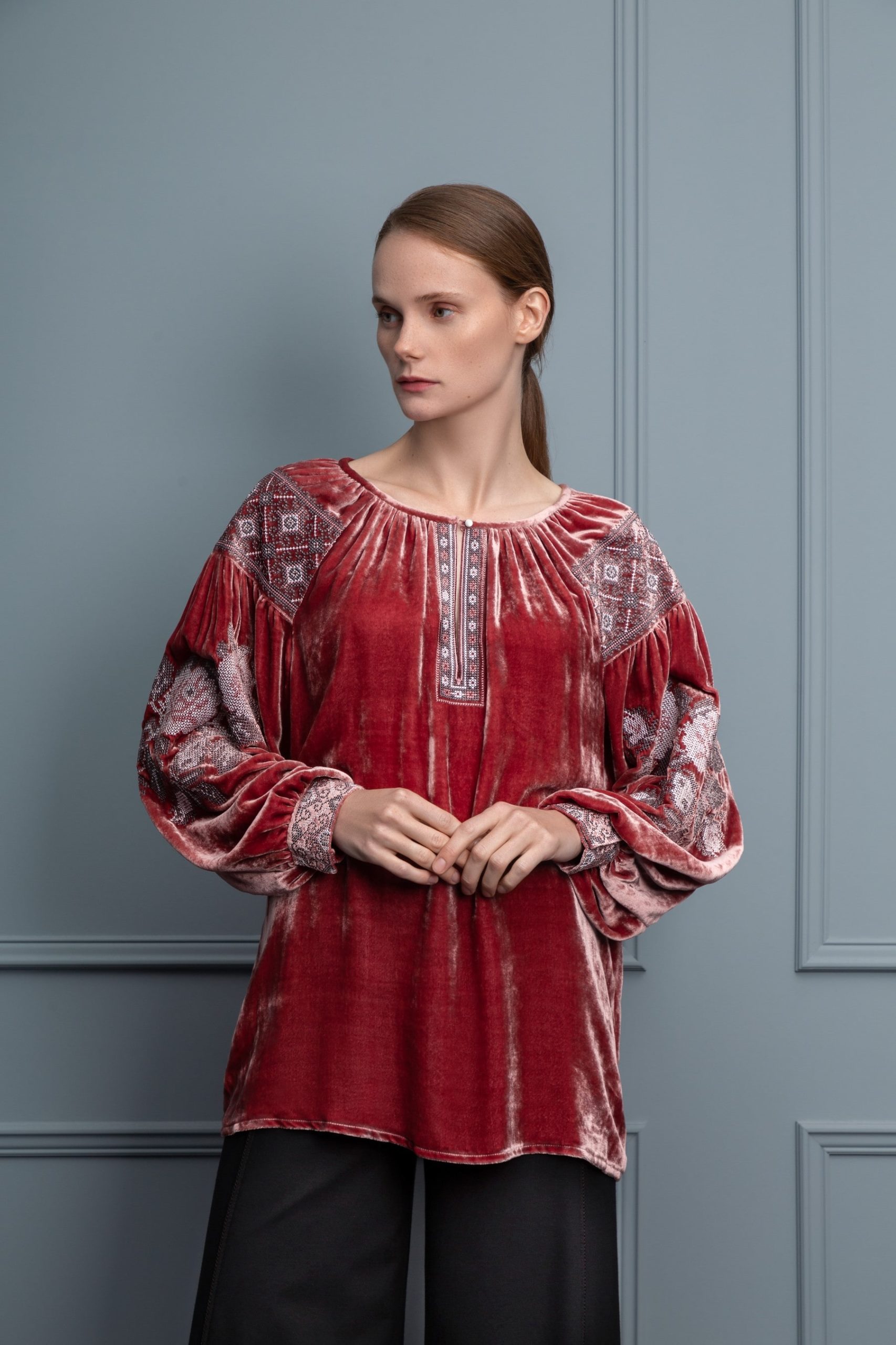 Embroidered velvet blouse 