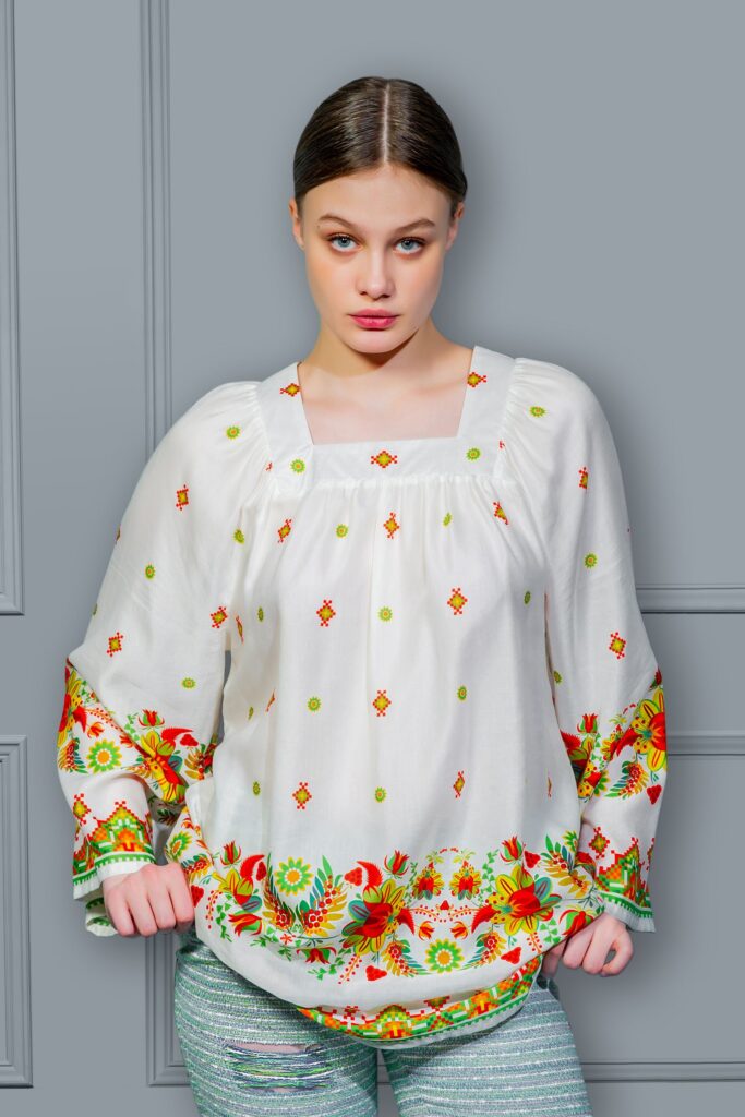 Blouse Petrykivka white - colored embroidered shirt
