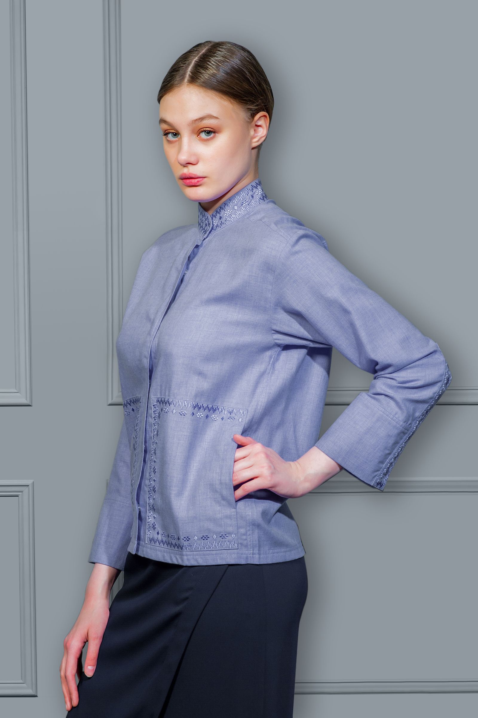 Embroidered blue cotton shirt