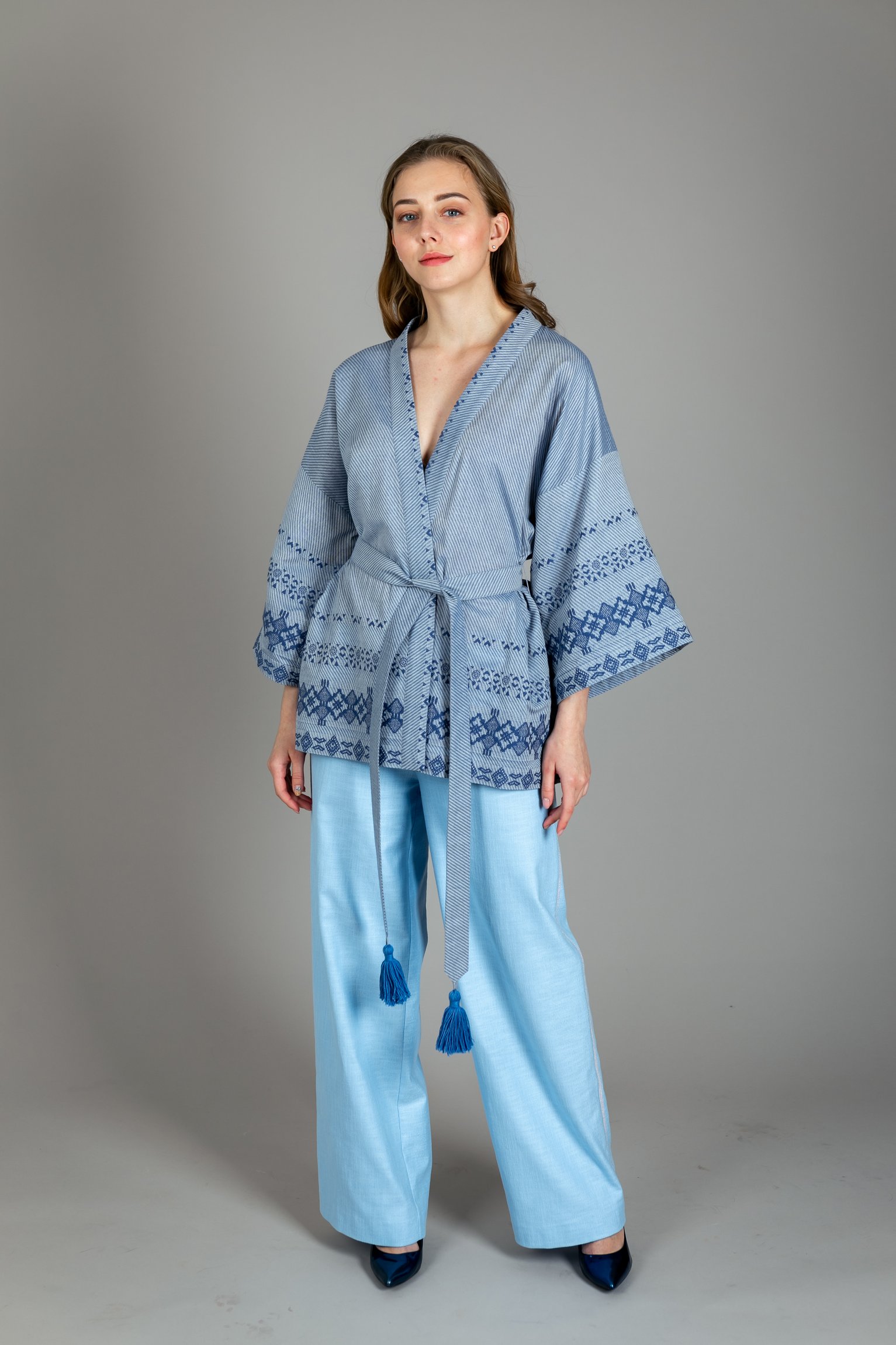 Kimono jacket diagonal report blue cotton